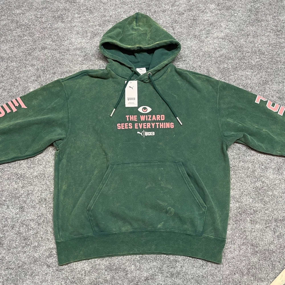 PUMA x WICKED Hoodie Womens Large Dark Myrtle Green Pink Oz Sweatshirt Acid Wash - Picture 2 of 16